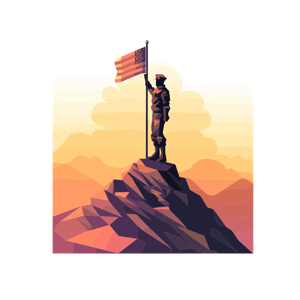 A figure raising the American flag on a mountain peak.