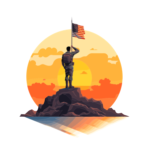 A person holding the American flag aloft on a hilltop against a sunset backdrop.