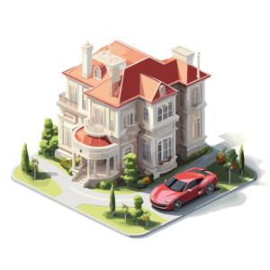 The image is of a luxurious house with a sports car parked outside.