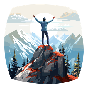 A person celebrates on a mountain peak against a backdrop of mountains and forests.