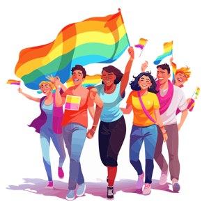 A group of animated people is marching joyously with LGBTQ+ pride flags, illustrating a pride parade or similar celebration.