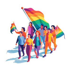 A group of illustrated people marching with rainbow flags in a display of pride and diversity.