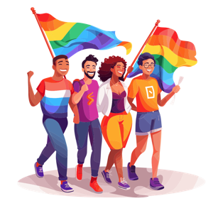 A group of people joyfully participating in a pride celebration with rainbow flags.