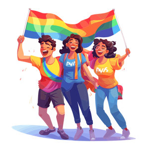 Three animated characters holding a rainbow flag, likely representing LGBTQ+ pride.