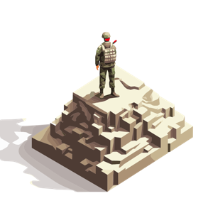 A soldier standing on top of a pyramid-like formation.