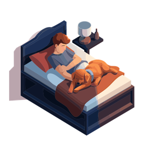 A person and a dog sleeping together in a bed with a nightstand beside them.