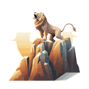 A lion is roaring from a cliff with a sun-like background.