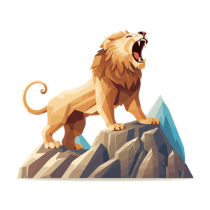 A roaring lion on a rocky cliff.