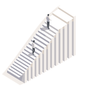 The image is a conceptual illustration of two men on a striped staircase, one ascending and the other already at the top, highlighting progression or advancement.