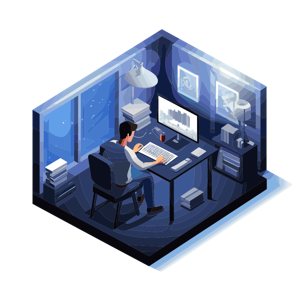 An illustration of a person working late at night in a home office setting.
