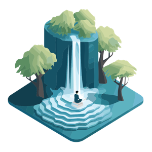 The image shows an illustrated peaceful nature scene with a waterfall, trees, and a person meditating at the waterfall's base.