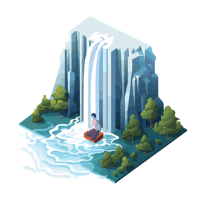 A serene illustrated scene of a person sitting by a waterfall surrounded by cliffs and trees.
