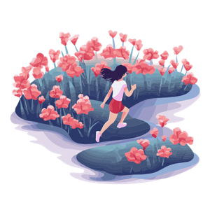A girl running in a flower field with streams of water.
