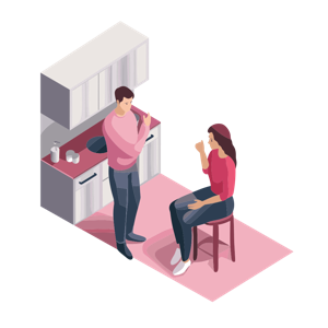 The illustration showcases two people having a conversation in a kitchen, with one person sitting on a stool and the other standing by the counter.