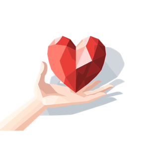 A hand holding a stylized geometric heart.