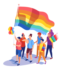 A group of animated people with a large rainbow flag and pride-themed items.