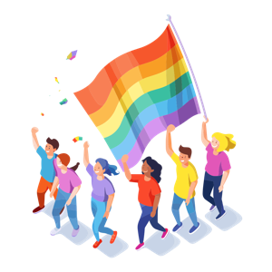 A group of animated people celebrating with a rainbow flag.