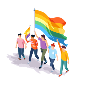 A group of diverse characters marching with a large rainbow flag.