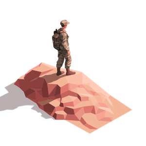 A low-poly person in military attire standing on a cliff.
