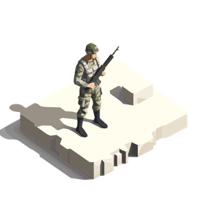A stylized soldier on a floating, jagged platform.