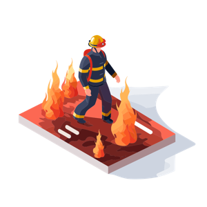 A firefighter in gear walking among flames.