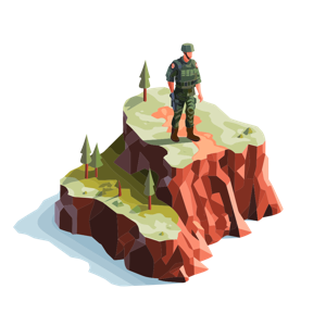 Stylized illustration of a soldier on a cliff.