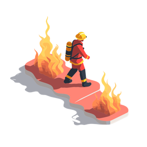 A firefighter walking through flames.