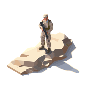 A low-poly soldier standing on a rock with a rifle.