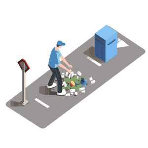 A person is sweeping trash near a dumpster and a mailbox on the side of a road.