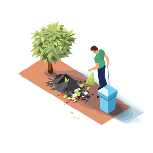 This is an illustration of a person cleaning up litter by a tree using a dustpan and brush, with a blue wheeled bin nearby.