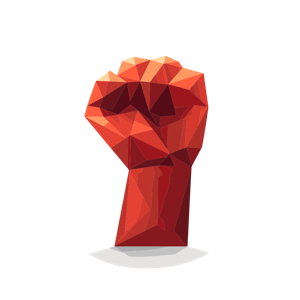 A stylized low-poly illustration of a raised clenched fist.