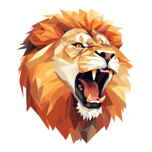 A low-polygon art depiction of a roaring lion.