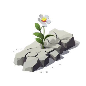 The image illustrates a flower growing out of a cracked rock.
