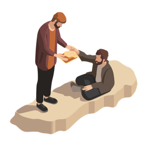 A standing person is giving bread to a sitting person.