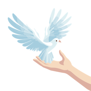 A hand releasing a stylized dove into flight.