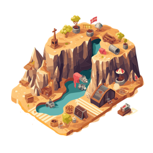 The image is a stylized, fantasy-themed depiction of a floating island with various adventure and pirate elements.