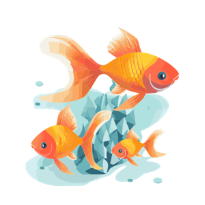 Three goldfish swimming around a blue crystal-like structure.