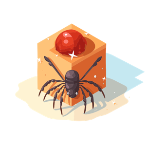 A stylized illustration of a shiny spider with a sparkling orange and red hexagonal gem positioned atop it.