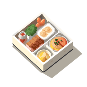 This image is a stylized illustration of a bento box with various Japanese foods, including sushi, salmon, and accompaniments.