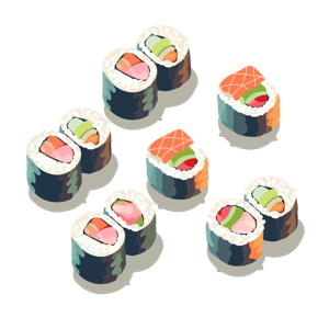 Illustration of various sushi rolls.