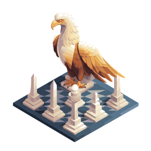 An eagle on a chessboard with chess pieces.