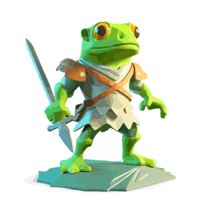 The image is a 3D representation of an anthropomorphic frog in a warrior or adventurer outfit holding a sword.