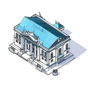 An isometric illustration of a classical building with a blue roof.