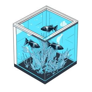 Stylized illustration of an aquarium with two fish swimming among white, twisty branches.