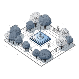 An isometric illustration of a modern park or square with a central fountain and trees.