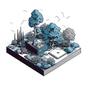 This image is an illustration of a stylized garden with a modern structure, trees, and a patio area.