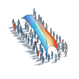 A crowd of stylized people is under a large, rainbow-colored ribbon.