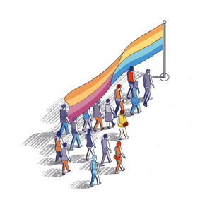 A group of diverse illustrated figures carrying a large, colorful flag.