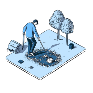 A man raking trash into a hole on an isolated patch of ground with trees and an overturned trash bin.