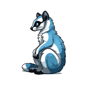 A stylized blue raccoon sitting and looking to the side.